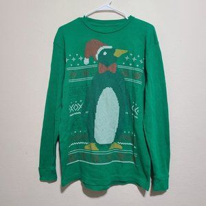 Dec 25th Mens Penguin Santa Hat Waffle Knit Christmas Long Sleeve Size L Green